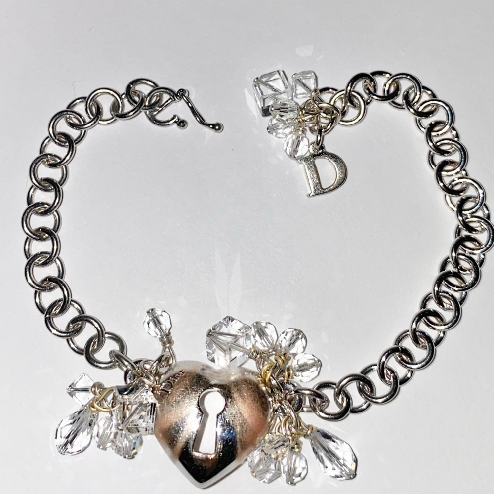 AUTH VTG Christian Dior Silver Chain Link Crystal Bead Heart Lock Charm Bracelet - Picture 13 of 13